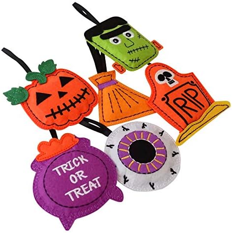 Halloween Ornaments - Set of 6 Plush Felt Handmade Decor - Broom, Jack-o'-Lantern, Frankenstein, Witchcraft, Eyeball, RIP Tomb Design - Halloween Ornaments for Tree