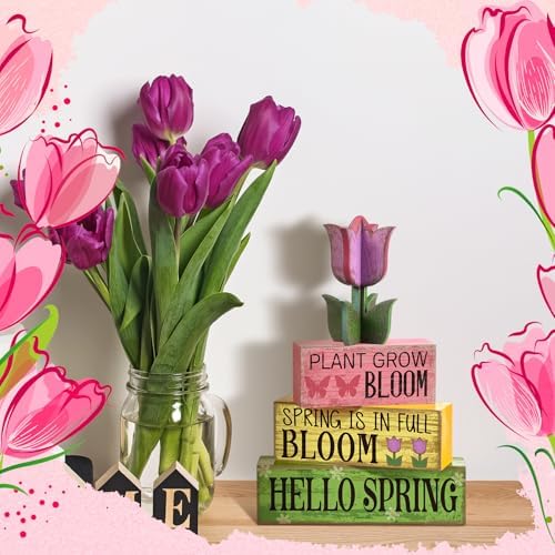 Moucuny 4 Pcs Spring Wood Block Signs Tiered Tray Decor Farmhouse Table