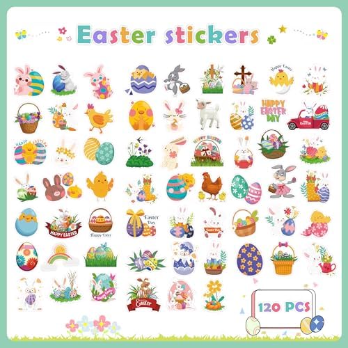 OHOME Easter Stickers | 120 PCS Egg Bunny Stickers for Kids -Easter Egg Stuffers - Vinyl Easter Games Crafts Activities Party Favors Basket Stuffers - Kids Gifts for Boys Girls