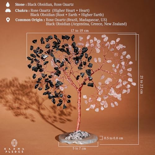 Handmade Healing Crystal Tree of Life Black Obsidian & Rose Quartz Chakra Tree for Money, Good Luck, Feng Shui Home