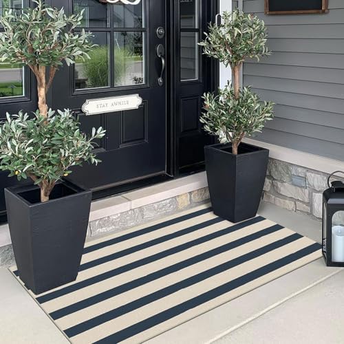 Front Door Mat Indoor Entrance, 2x4.3 Ft Blue and White Striped Rug
