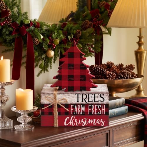Geelin 4 Pcs Christmas Tiered Tray Decor Wooden Book Stack Signs, Red Black White Buffalo Plaid Christmas Table Decor, Farmhouse Rustic Centerpieces for Shelf Coffee Bar Office Desk Decorations