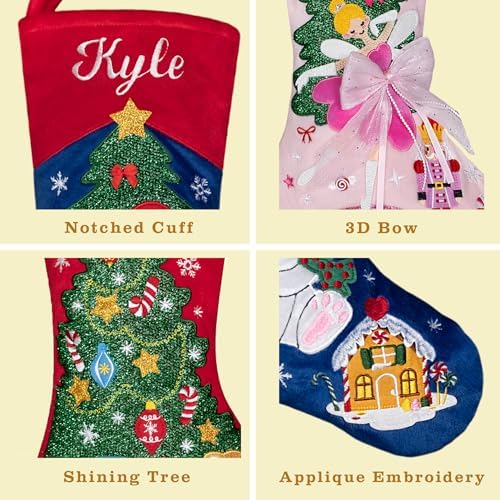 LUBOT Set of 5 Christmas Stockings Embroidered 20" Velvet Large Family Xmas Tree Stocking 5 Pack Shining Cute Cartoon Soft Luxury Stocking Fireplace Hanging Decor
