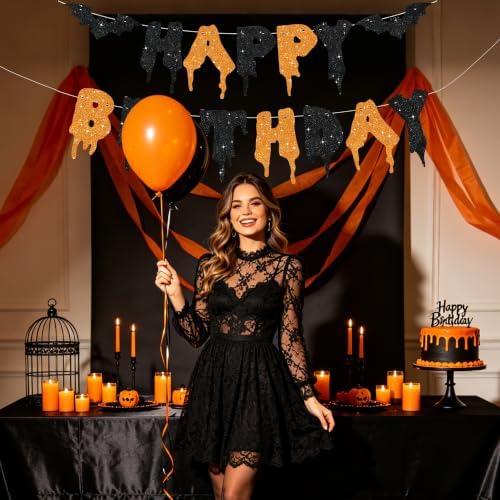 Glitter Happy Birthday Halloween Banner - NO DIY - Halloween Hanging Paper Garland Bunting Banner Decorations, Party Supplies for Kids Boy Girl Birthday Black Orange