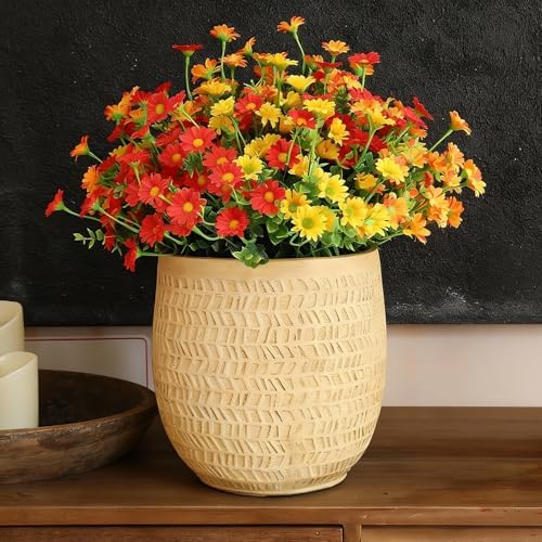 alyptus Faux Flowers Outdoor Artificial Mums – 12 Bundles UV Resistant Fall Flowers for Planter Porch Patio Yard Garden Decoration(Red 5, Orange 5, Yellow 2)