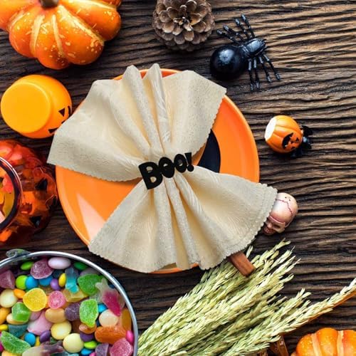 Halloween Napkin Rings Set of 12, Ghost Boo Halloween Black Napkin Holders Metal Buckles for Halloween Party Decorations Home Kitchen Dinner Table Setting