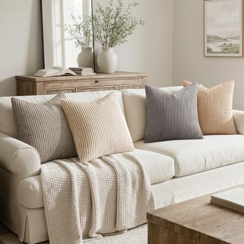 MIULEE Soft Corduroy Decorative Throw Pillow Covers Neutral Cream 18x18