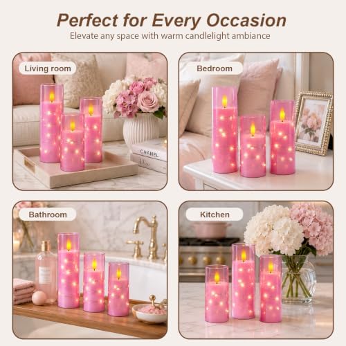 Raycare Flameless Battery Operated Pillar Candles with Remote Timer, Pink