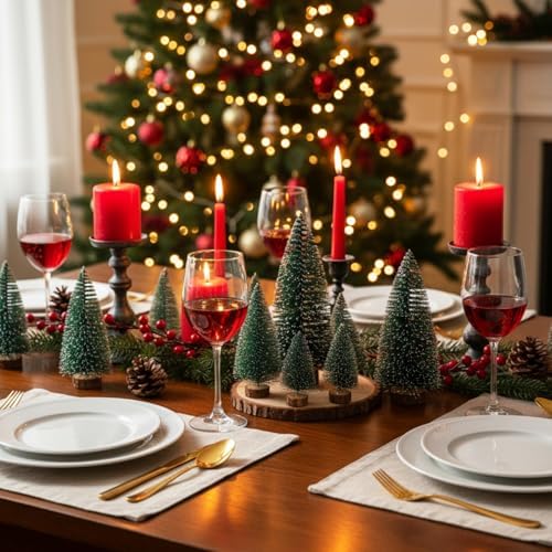 18 Pcs Bottle Brush Trees in 3 Size and 6 Pcs Wood Slices, Green