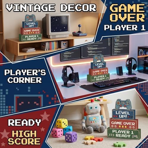 Britimes Tiered Tray Decor Set, 4 Pack, Wooden Table Sign, Video Game