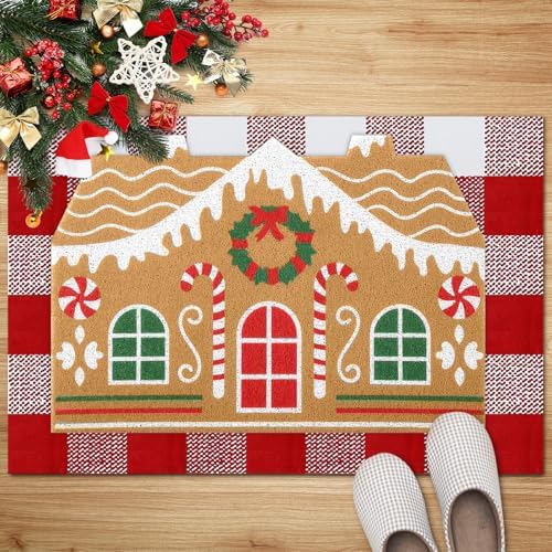 Tinideya 2 Pcs Gingerbread House Layered Doormat Set