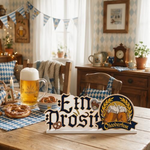 Smile Oktoberfest Wooden Standing Decor, Ein Prosit Pretzel Beer Mug Tiered Tray Tabletop Signs with Stands for Home Bar Party Decor