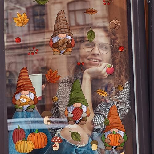WALPLUS Fall Decor Autumn Window Clings Thanksgiving Decorations Double-Sided Reusable Peel and Stick Removable for Glass Living Room Nursery Room Home Office Thanksgiving Gnomes 102 Pieces