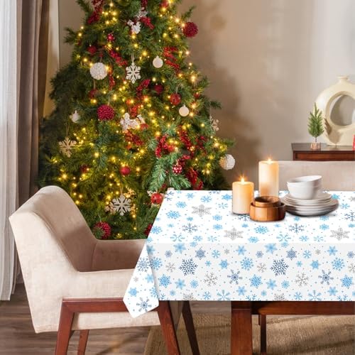 Gistome 3-Piece 54 x 108 Inch Snowflake Plastic Tablecloth – Blue and White Christmas Holiday Disposable Table Cover for Winter Parties, Xmas Dinners, and Indoor Outdoor Decorations