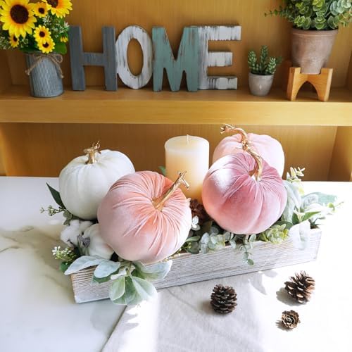 Winlyn Set of 4 Faux Pink Velvet Pumpkins Gold Stemmed Pumpkins Blush Coral Pink Peach Cream Decorative Fabric Pumpkins 5" for Fall Wedding Baby Shower Thanksgiving Halloween Table Centerpiece Décor