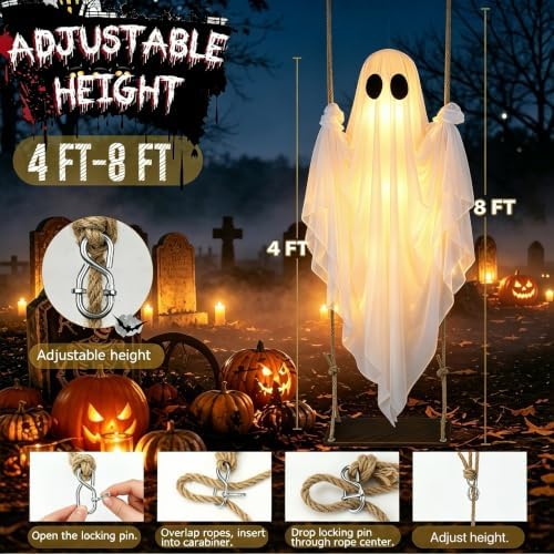 Halloween Decorations Outdoor – Hanging Swing Ghost 4-8FT, Remote Light Up