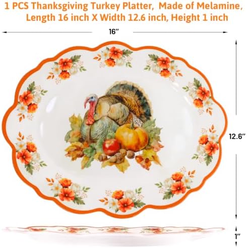 ceiba tree Thanksgiving Fall Turkey Platter Serving Tray Dish Reusable Melamine Large 16 X 12.6 inch Harvest Autumn Oval Plate for Party Tableware Holiday Buffet Friendsgiving Snacks Appetizers
