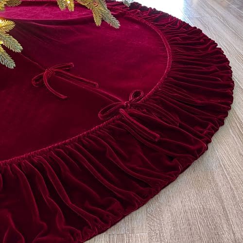 Ruffled Velvet Christmas Tree Skirt with Foam Padding, Nylon Backing and Lace-Up Tie Closure (Burgundy, 72-Inch)