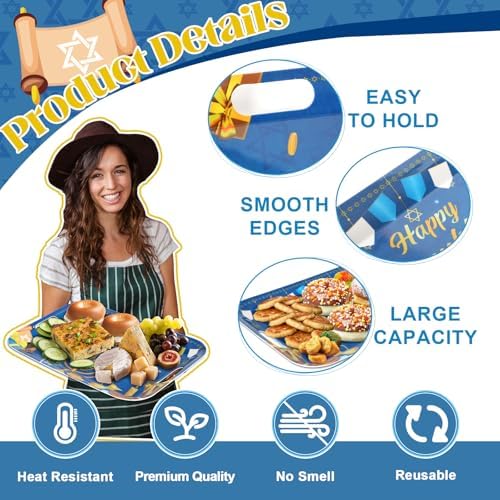 gisgfim 2Pcs Happy Hanukkah Serving Trays with Handles 16 x 11 Inch Large Melamine Tray Rectangular Jewish Chanukah Serving Platter Menorah Blue White Tray Melamine Dishes for Serving Dinner Dessert