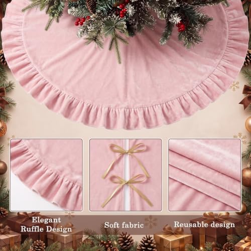 Velvet Christmas Tree Skirt, 36 Inches, Bow Style, Pink