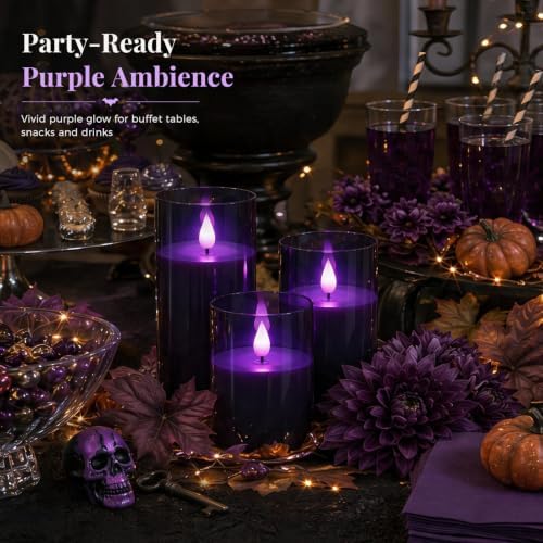 Homemory Dark Gray Flameless Candles, Purple Glow, Remote Timer, Set of 3