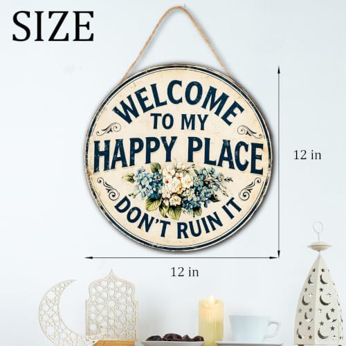 Welcome To My Happy Place Wooden Hanging Sign for House Front Door, Rustic Welcome Sign for Porch Garden Patio Farmhouse