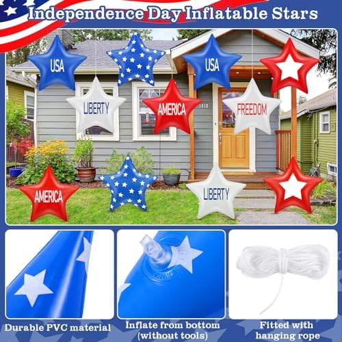 18 Pcs 12 Inch 4th of July Inflatables Outdoor Decorations 250th Anniversary Patriotic Star Ornaments Blow up PVC Inflatable Star Hanging Ornaments for American Veterans Party Festival