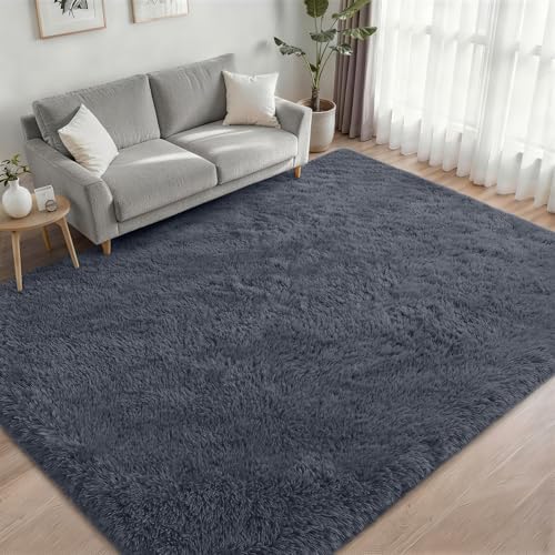 Area Rug Living Room Bedroom: 5x7 Fluffy Plush Shag Carpet Grey