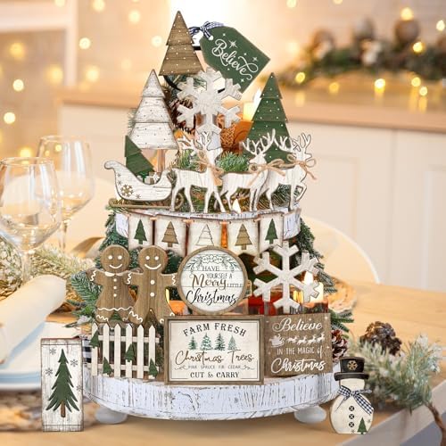 Shellwei 22 Pcs Christmas Tiered Tray Decor Set Wood Rustic Gingerbread Christmas Decoration Winter Farmhouse Decor Xmas Trees Gnome Elk Snowflake Signs for Table Shelf Home Centerpiece (Fresh)
