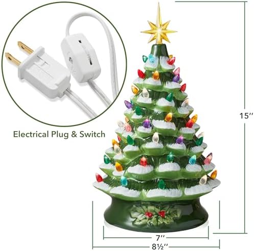Casafield Hand Painted Ceramic Christmas Tree, Green Snow Flocked 15-Inch Pre-Lit Tree with 128 Multi-Color Lights and 2 Star Toppers