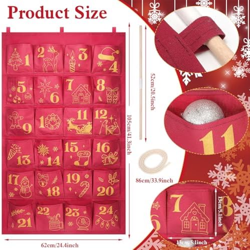 HOWAF Red Gold Fabric Christmas Advent Calendar with Pockets (Countdown to Christmas), 24 Days Mystery Christmas Countdown Calendar for Xmas Holiday Home Wall Decoration