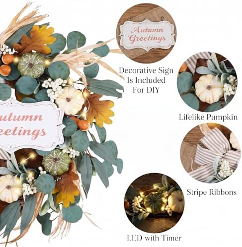 Valery Madelyn 24'' Fall Wreaths for Front Door with LED Lights