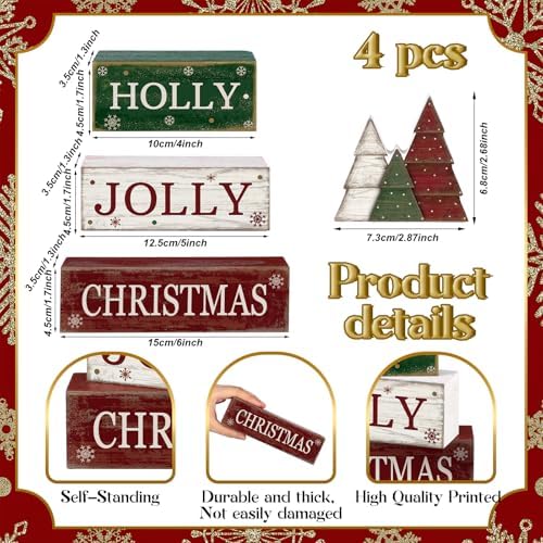 Moucuny 4 Pcs Christmas Centerpiece Wood Block Signs Holly Trees