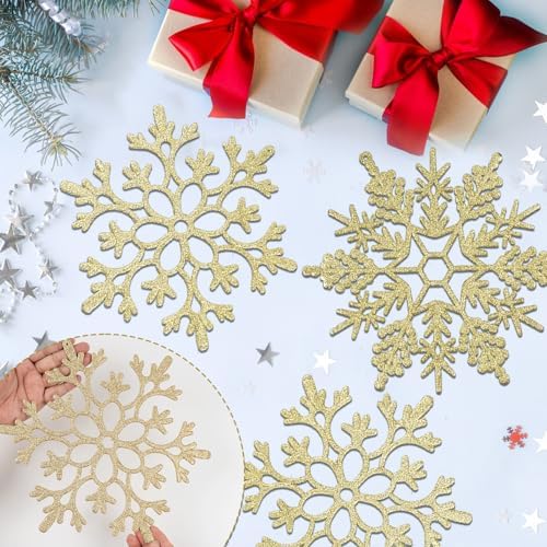 6pcs Large Gold Snowflakes Ornaments 12" Big Plastic Glitter Snowflake for Winter Indoor Outdoor Christmas Tree Window Room Decorations Giant Craft Snowflakes