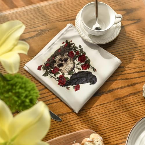 Horaldaily Halloween Cloth Napkins, Crow Skeleton Roses Napkins Set of 12