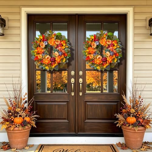 24 Inch Harvest Fall Wreaths for Front Door Outside with Orange Peony