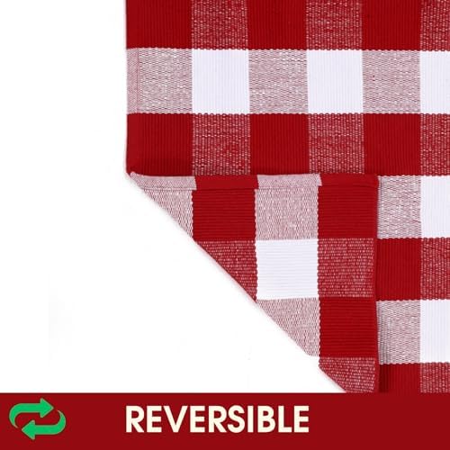 Christmas Red and White Plaid Rug, 3' x 5' Cotton Hand-Woven Layered Door Mat for Front Porch, Entryway, Outdoor Holiday Decor, Washable Buffalo Check Rug for Home, Patio, Kitchen