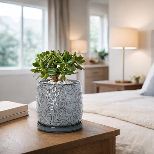 D'vine Dev Embossed Leaves Ceramic Planter, 5 in, Graphite Blue, 27-A-V-9