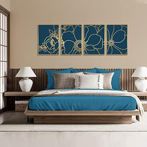 Glamativity 4 Pack Gold Wall Art, Flower Minimalist Single Line Art, Real Metal Nature Floral Abstract Wall Decor for