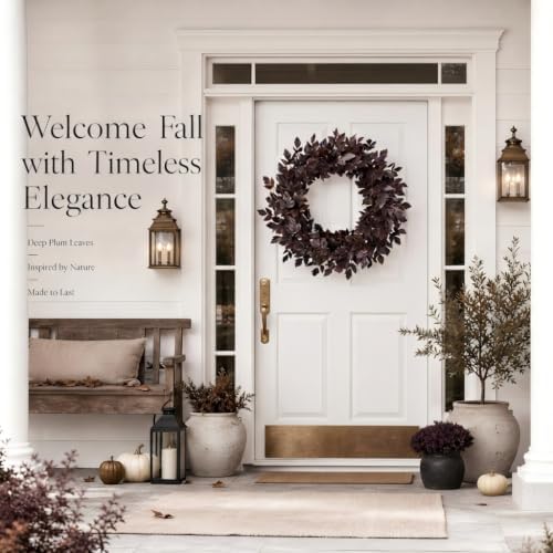 Fall Decor for Front Door-Plum Leaves Wreath, Both Halloween and Fall