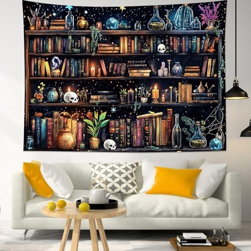 HVEST Magic Bookshelf Wall Tapestry Vintage Bookshelf Witchy Books Plant Skull Gothic Halloween Tapestry Wall Hanging Starry Sky Tapestries for Bedroom Living Room Dorm, 70.9L x 92.5W Inches
