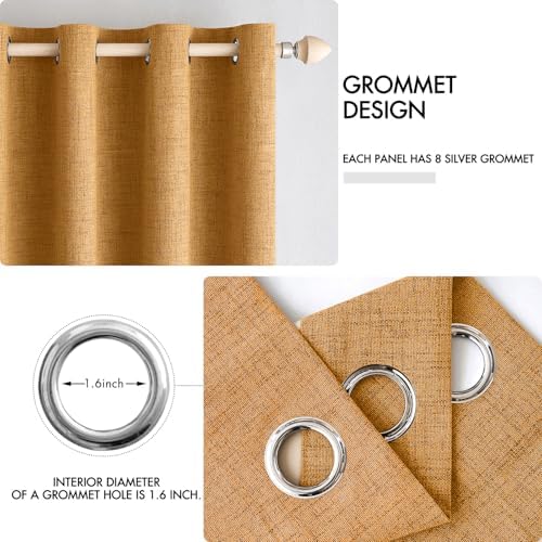 MIULEE 100% Blackout Linen Curtains for Bedroom 52x108 Inch Mustard Yellow