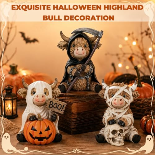 3 Pcs Halloween Highland Cow Figurines, Mummy Reaper Ghos Decor