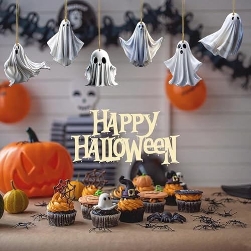 6 Pcs Halloween Hanging Ornaments for Tree Cute White Little Ghost Designs Halloween Spooky Acrylic Pendants Cartoon Ghost Hanging Ornaments Decorative for Holiday Party Craft Supplies