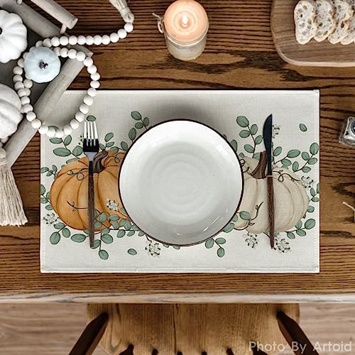 Artoid Mode Orange Pumpkins Eucalyptus Leaves Fall Placemats Set of 4, 12x18 Inch Autumn Thanksgiving Holiday Table Mats for Party Kitchen Dining Decor