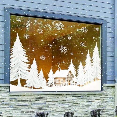 Whaline 55" Large Christmas Window Clings White Xmas Tree Cabin Snowflake Window Decal Reusable Anti-Collision Windows Decor for Winter Holiday Home Party Supplies, 8 Sheets