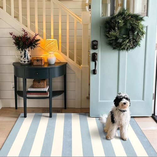 3x5 Entry Rug - Small Washable Indoor Outdoor Mats for Front Door Non-Slip Porch Rug Summer Blue White Coastal Striped