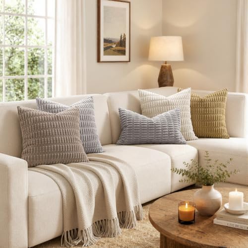 MIULEE Corduroy Decorative Throw Pillow Covers 18x18 Light Grey Pack of 2