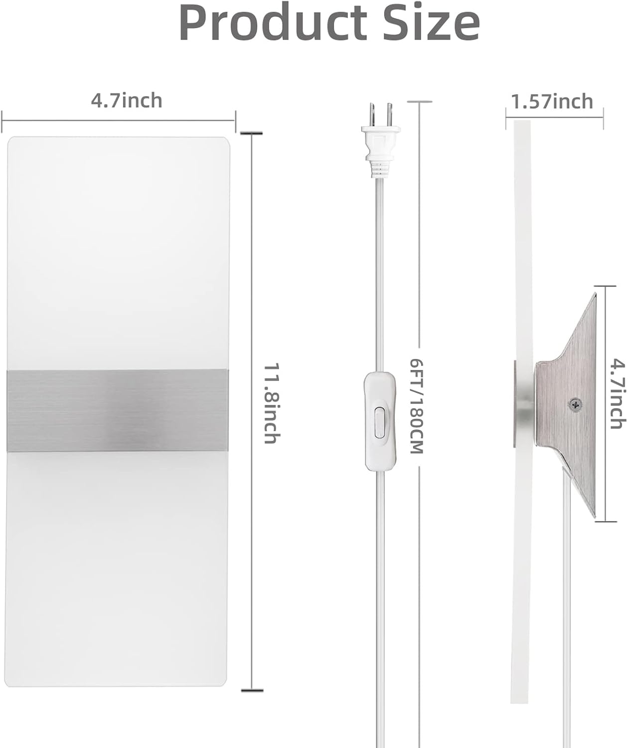 KICAAO Modern Wall Sconces Set of Two, Plug in 10W 6000K Cool White | Acrylic Wall Lights with 6FT/180cm Plug in Cord