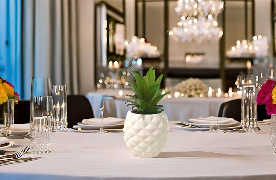 Porcelain Pineapple Ananas Faux Plant Potted Artificial Succulent 7.8" Home Office Bathroom / White